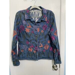 VTG Ann Trinity Linen Blend Denim Jacket Size Large Floral Embroidered Beaded